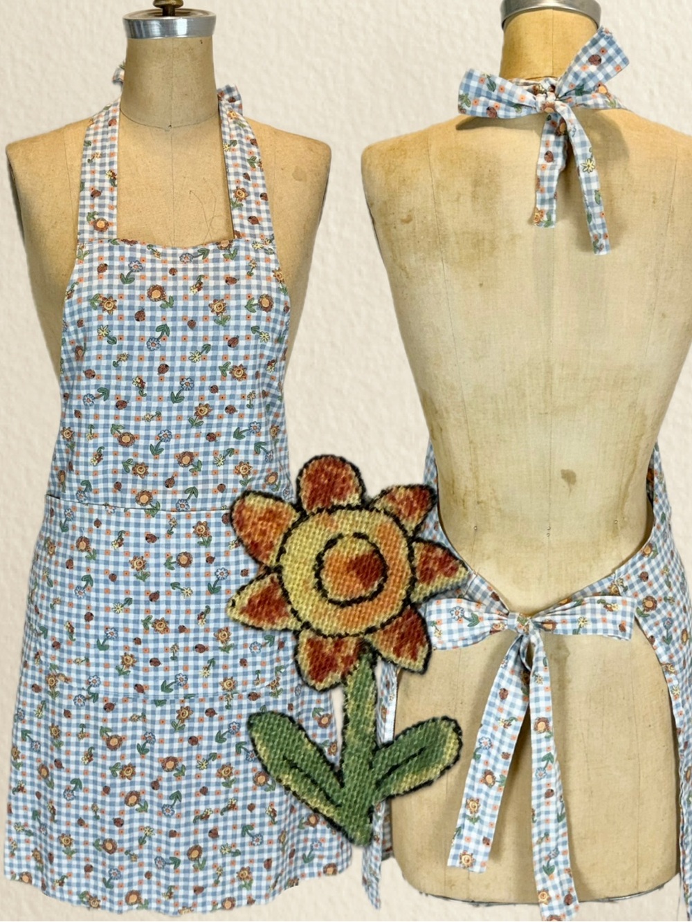 VINTAGE 70s sunflower daisy kitchen chore full apron picnic gingham check flower
